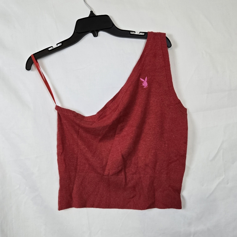 Playboy Bunny Y2K Women's Red Pink Embroidered One-Shoulder Top XL Vintage NWOT